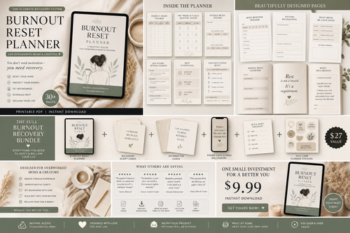Burnout Reset Planner for Moms & Creators | Printable Recovery Workbook | Mental Health Reset PDF
